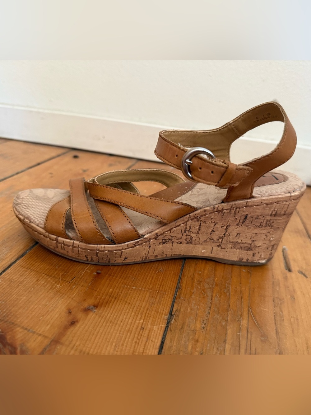 Tan Leather b.ø.c. Born Concept Brown Leather Wedge Sandals  - Women's Size 39